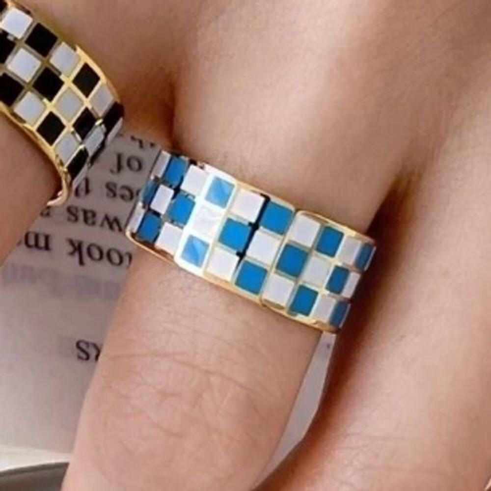 Trendy Blue and White Checkered Band Ring Statement Jewelry Gold‎ Tone Finish